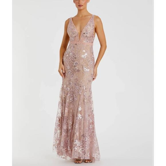 Mac Duggal Pink Floral Embellished Sleeveless Plunge Neck Gown Size 14 NWT 67481 - Picture 1 of 16